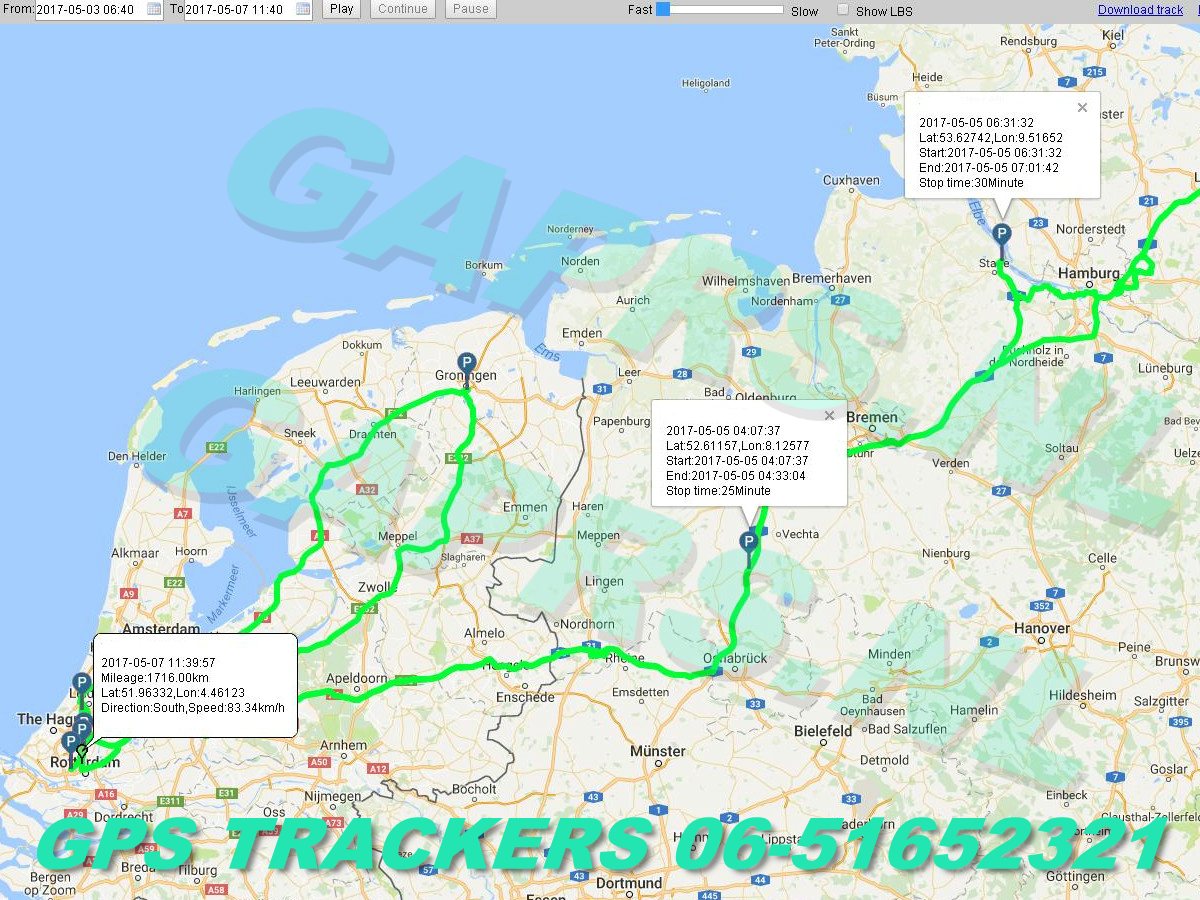GAPRS   gebruiksklare magnetische gprs tracker kaart  route naar Noord Duitsland